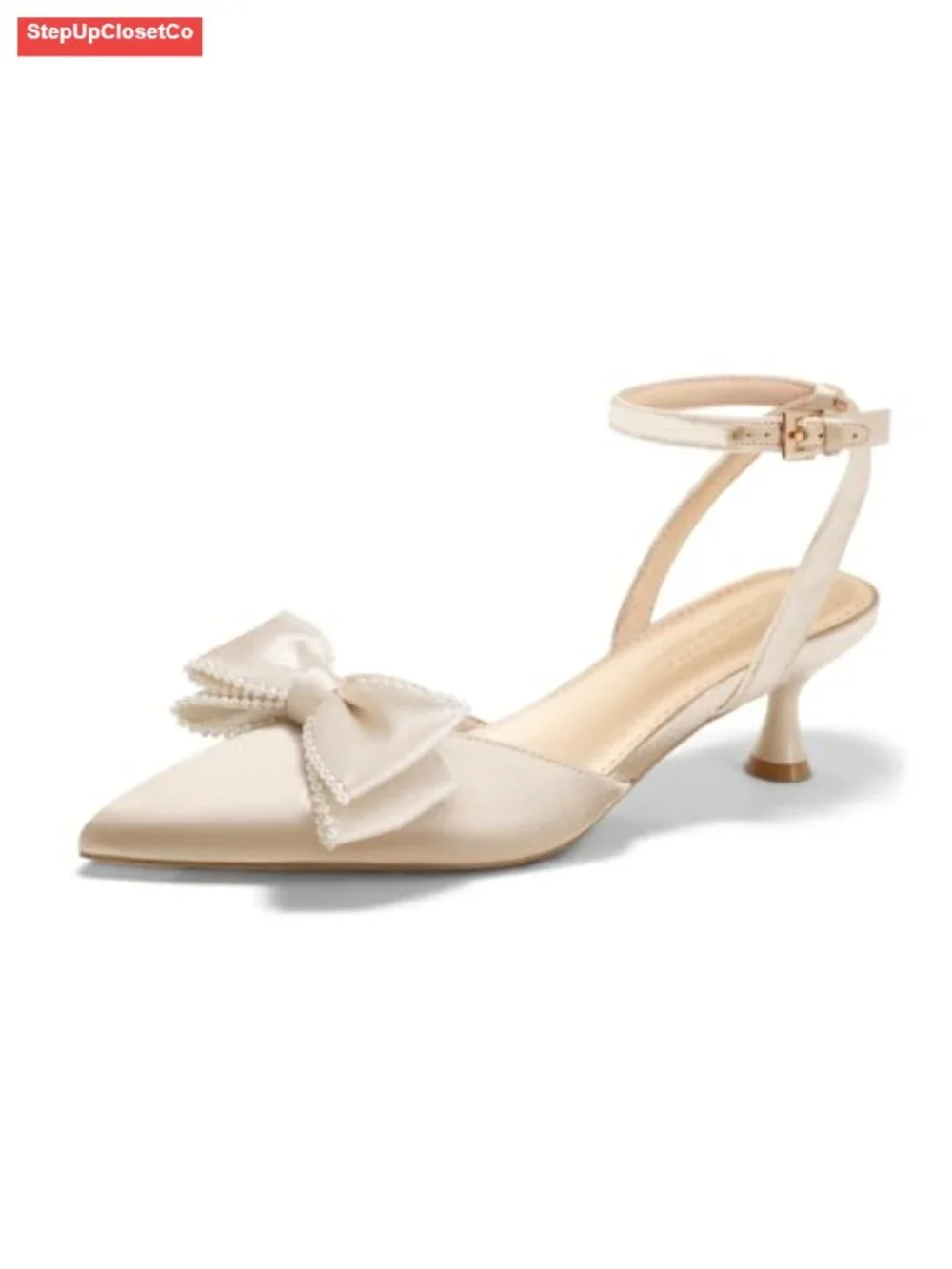 Women's Satin Kitten Heels Bow Pearl Closed Toe Pointed Pumps Wedding Shoes
